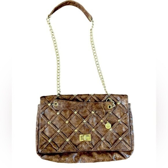 Big Buddha Chocolate Brown Weaved Studded Vegan Leather Turn Lock Shoulder Bag - Picture 2 of 11